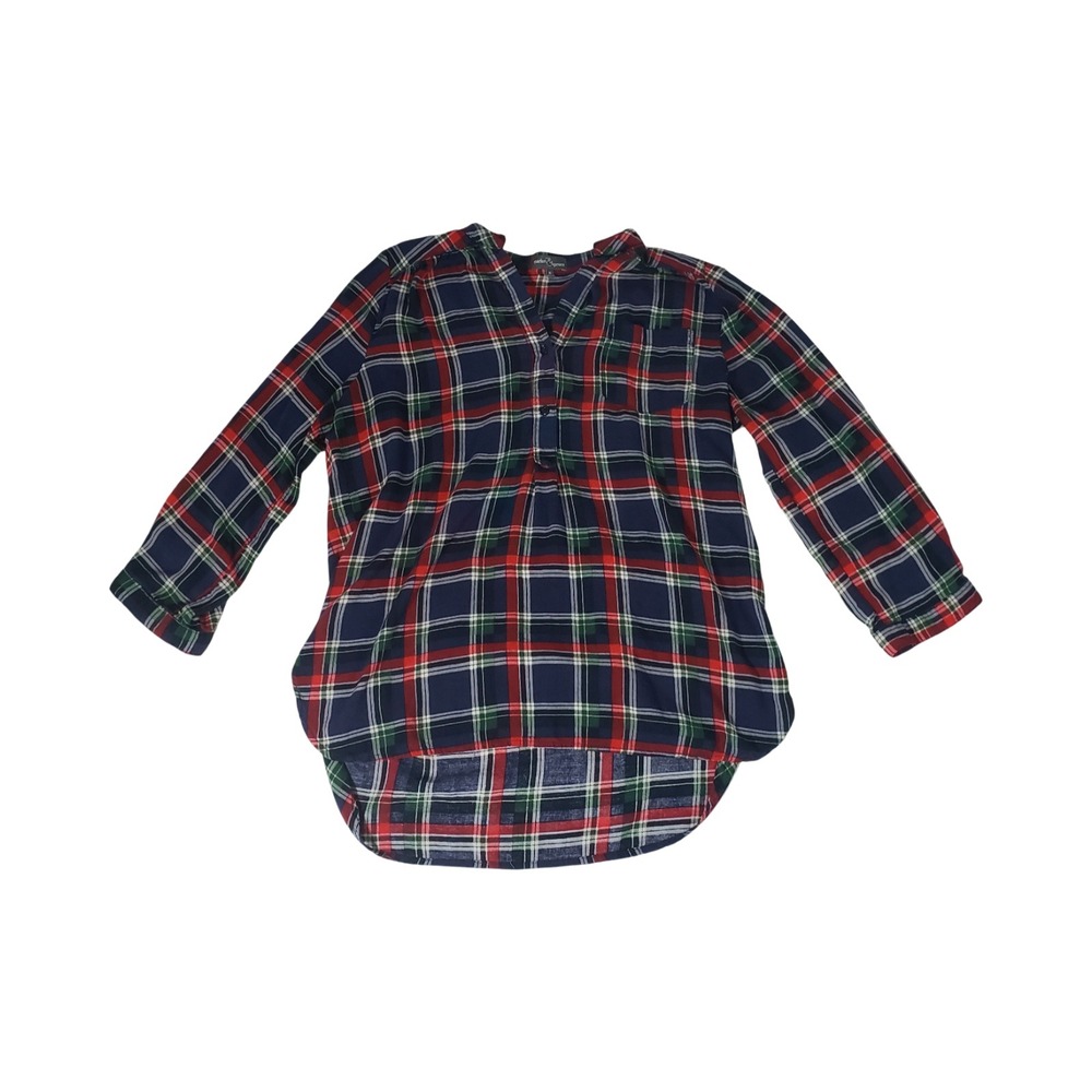 Market & Spruce Navy Red Green Plaid Tunic Blouse High Low Hem XL